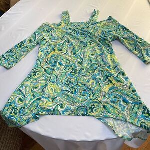 Jean Pierre Klifa Paris Green Paisley Lagenlook Cold Shoulder Top Size XL